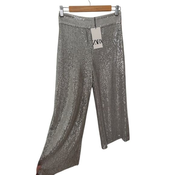 Zara Silver Sequin Cape & High-Rise Culottes Cropped Pants Set NWT- Size S - Picture 8 of 12